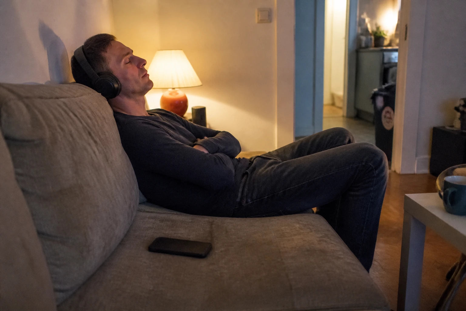 Später Abend auf dem Sofa: Kopfhörer auf, Handy liegt umgedreht daneben