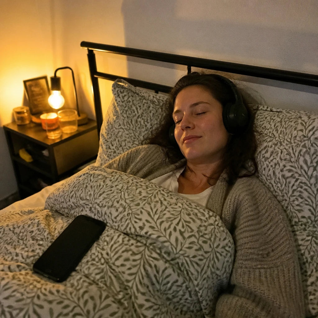 Frau liegt abends entspannt mit geschlossenen Augen und Kopfhörern im Bett, warmes Lampenlicht, das Handy liegt umgedreht auf der Decke