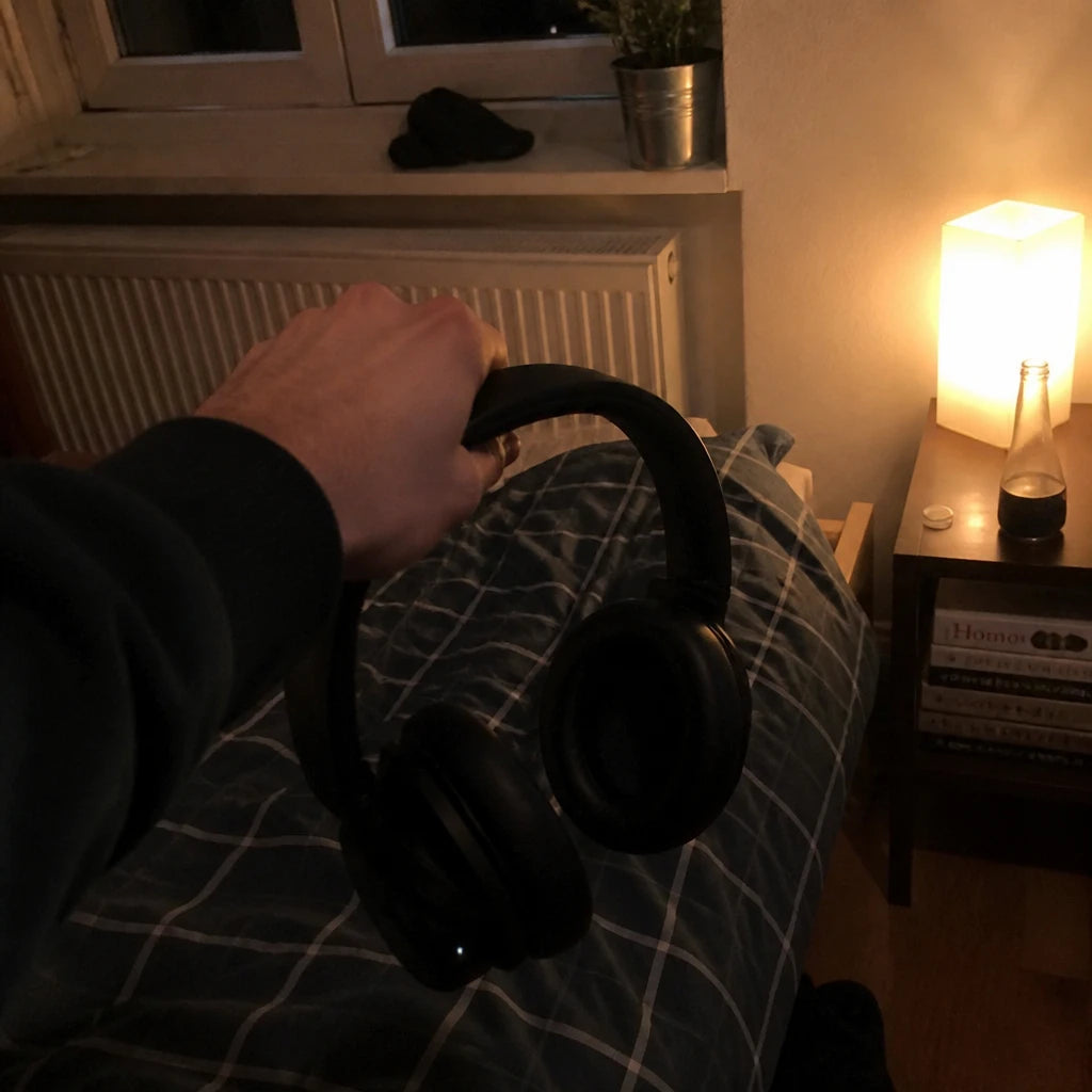 Hand setzt im dunklen Schlafzimmer Kopfhörer auf, nur die Lampe an