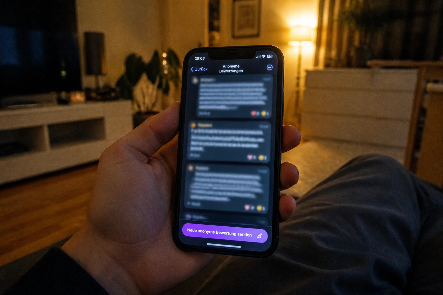 Hand hält abends ein Smartphone mit einem Nachrichten-Screen, warmes Wohnzimmerlicht im Hintergrund